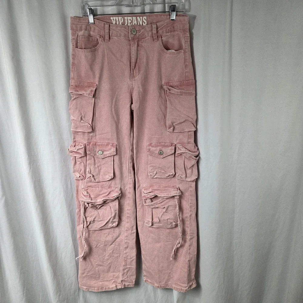 VIP Jeans Jeans Juniors 11/30 Pink Light Wash Mid Rise Cargo Straight Stretch